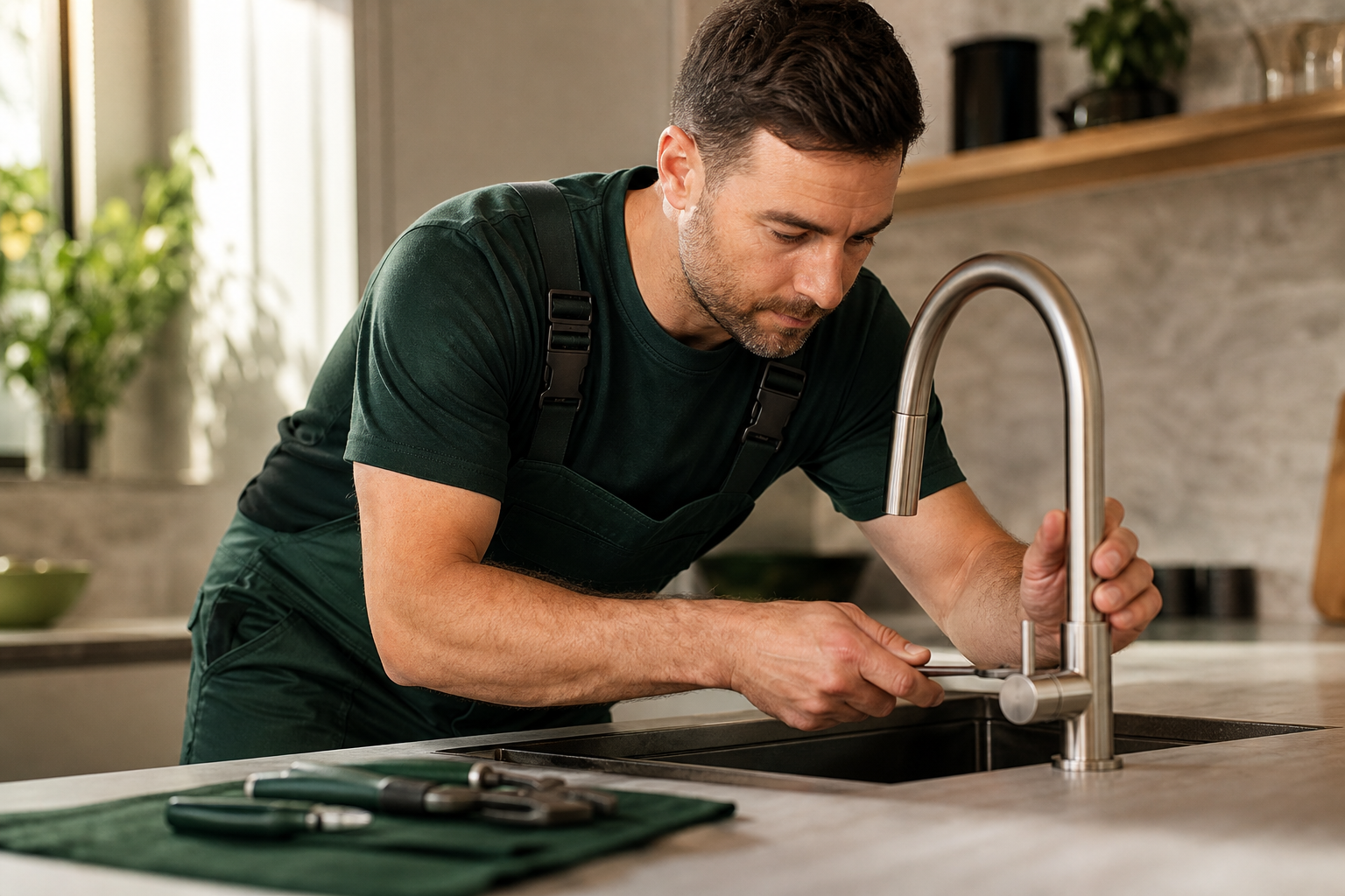 Professional handyman repairing a kitchen faucet