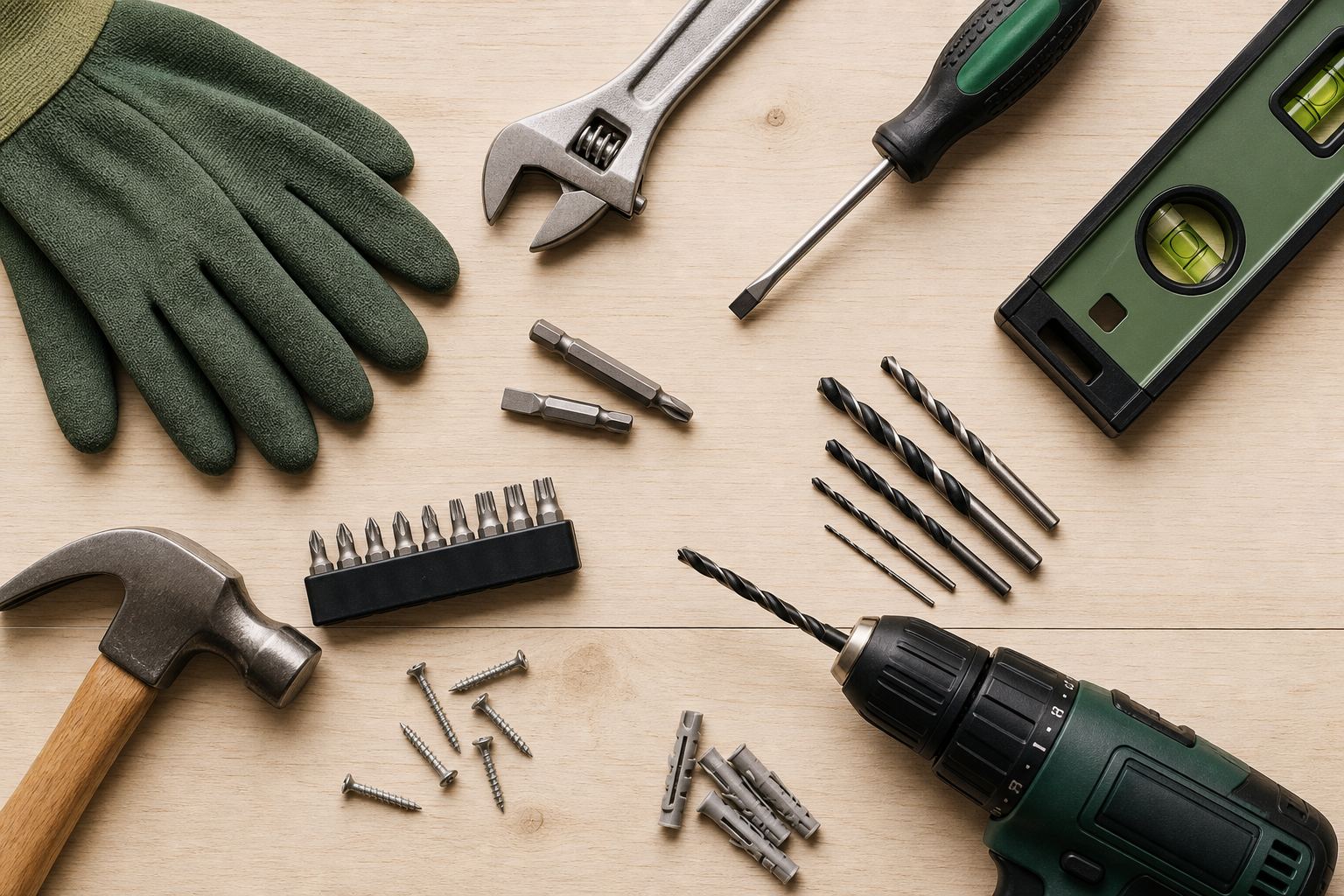 Professional handyman tools arranged on a work surface